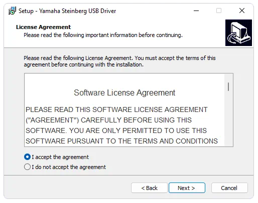 Лицензионное соглашение при инсталляции драйвера для Yamaha Steinberg USB